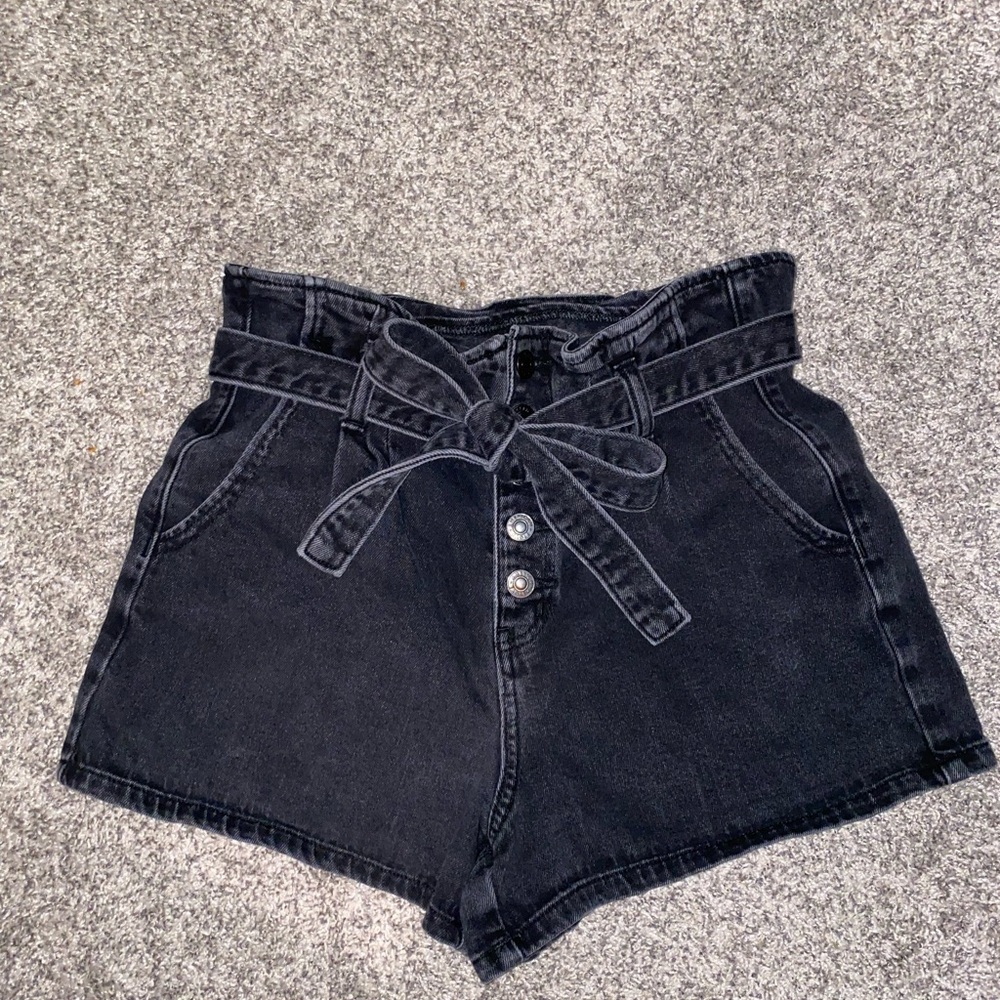 American Eagle Outfitters Black Denim High Waist Paper Bag Shorts